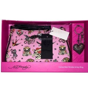 Ed Hardy Pink Convertible Wristlet & Key Ring NEW